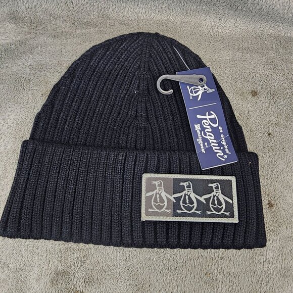 Original Penguin Hat Mens One Size Black Rib Beanie *NWT* - Picture 1 of 7
